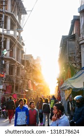 KATHMANDU, NEPAL - DEC 10, 2018: Street Of Thamel - A Commercial Neighborhood In Kathmandu, The Capital Of Nepal Has Been The Centre Of The Tourist Industry For Over Four Decades.