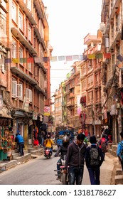 KATHMANDU, NEPAL - DEC 10, 2018: Street Of Thamel - A Commercial Neighborhood In Kathmandu, The Capital Of Nepal Has Been The Centre Of The Tourist Industry For Over Four Decades.