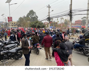 Kathmandu, Nepal - February 10, 2021: A Political Rally By The Communist Party During Election Time In The City Of Kathmandu, Nepal.