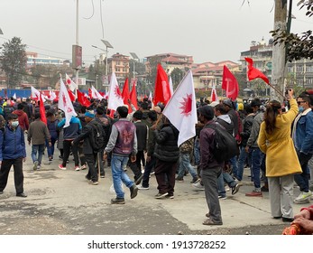 Kathmandu, Nepal - February 10, 2021: A Political Rally By The Communist Party During Election Time In The City Of Kathmandu, Nepal.