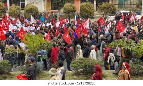 Kathmandu, Nepal - February 10, 2021: A political rally by the communist party during election time in the city of Kathmandu, Nepal.