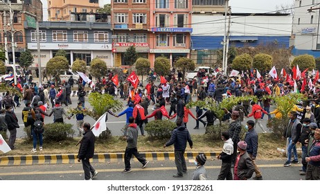 Kathmandu, Nepal - February 10, 2021: A Political Rally By The Communist Party During Election Time In The City Of Kathmandu, Nepal.