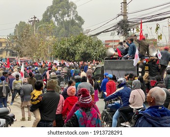 Kathmandu, Nepal - February 10, 2021: A political rally by the communist party during election time in the city of Kathmandu, Nepal.