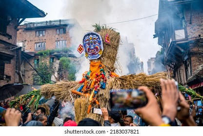 KATHMANDU, NEPAL - July 26, 2022:Newar Community People Burn The Effigy Of Demon Ghantakarna On The Day Of Gathemangal Festival At Ancient City At Bhaktapur.