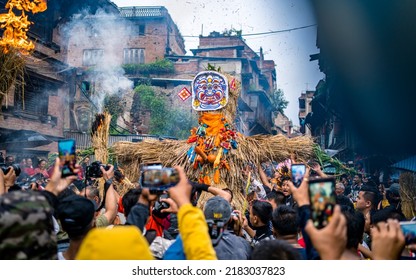 KATHMANDU, NEPAL - July 26, 2022:Newar Community People Burn The Effigy Of Demon Ghantakarna On The Day Of Gathemangal Festival At Ancient City At Bhaktapur.