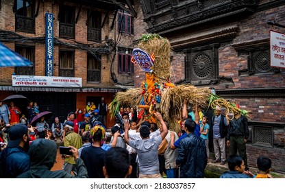 KATHMANDU, NEPAL - July 26, 2022:Newar Community People Burn The Effigy Of Demon Ghantakarna On The Day Of Gathemangal Festival At Ancient City At Bhaktapur.