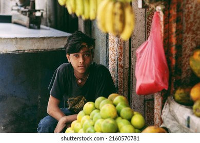 Kathmandu, Nepal - May 2022 : A Portrait Of Local Greengrocer On Kathmandu's Street