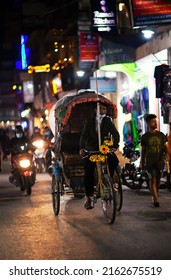 Kathmandu, Nepal - May 2022 : A Rickshaw Puller On The Street At Night