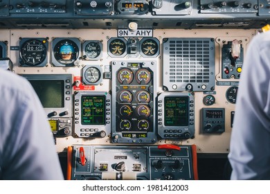 KATHMANDU, NEPAL - MAY 26, 2021: Interior Of Prop Plane Flying Over To The Himalaya Mountains From Kathmandu International Airport, Nepal