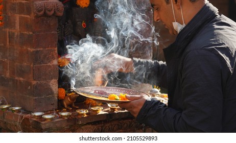 Kathmandu - Nepal - November 2021: Hindu in Kathmandu during the Tihar festival in Nepal.
