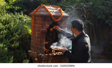 Kathmandu - Nepal - November 2021: Hindu in Kathmandu during the Tihar festival in Nepal.