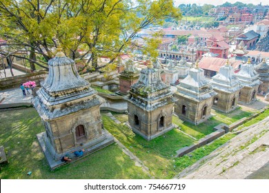 KATHMANDU, NEPAL OCTOBER 15, 2017: Aerial view of temple complex-crematory Pashupatinath. Churches chapels dedicated to Vishnu.