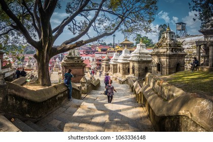 KATHMANDU, NEPAL - OCTOBER 29, 2017. Gorgeous view on the complex of holy Pashupatinath temple consisting of several buildings full of tourists