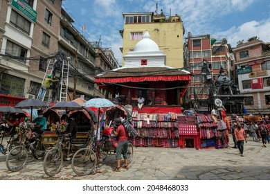 Kathmandu, Nepal - September 2021: The Asan Tole market in front of the Ganesh Shrine in Indra Chowk, Kathmandu on September 21, 2021 in Nepal.