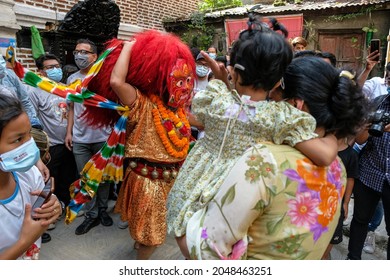 Kathmandu, Nepal - September 2021: The Majipa Lakhey, translated to Manjusri city demon, begins a ceremonial dance during the Indra Jatra festival on September 24, 2021 in Kathmandu, Nepal.
