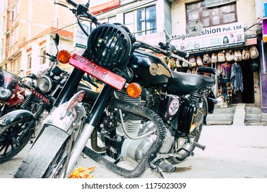 Kathmandu Nepal September 8, 2018 Closeup of a Royal Enfield motorcycle parked in the street of Kathmandu in the afternoon