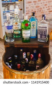 Kathmandu,Nepal - Dec 16,2017: Different Brands Of Booze, Liquor, Or Alcohol In A Bar Or Tavern. Multiple Bottles Of Adult Beverages  At Bar, Line Of Liquor Bottles