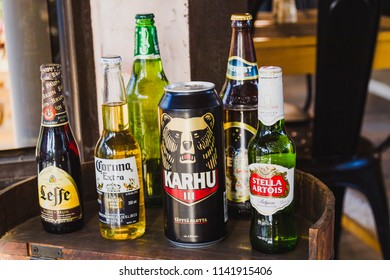 Kathmandu,Nepal - Dec 16,2017: Different Brands Of Booze, Liquor, Or Alcohol In A Bar Or Tavern. Multiple Bottles Of Adult Beverages  At Bar, Line Of Liquor Bottles