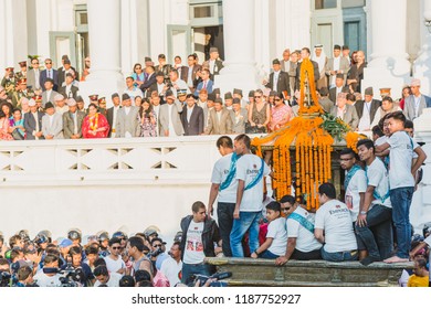 Kathmandu,Nepal - Sep 24,2018:President Of Nepal, MRS. BIDYA DEVI BHANDARI ,VIPs And Other Diplomats Watching Indra Jatra Festival In Kathmandu.It Is An Important Annual Festival In Nepal.