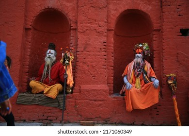 Kathmandu,Nov,9 ,2019 , Hermit in Nepal temple posing near Pashupatinath Temple, Kathmandu, Nepal, colorful concept, worship the gods