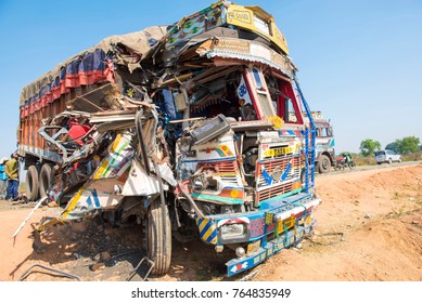 Katni / India 24 November 2017 The Truck Lies In A Ditch After The Road Accident At Katni  Madhya Pradesh India