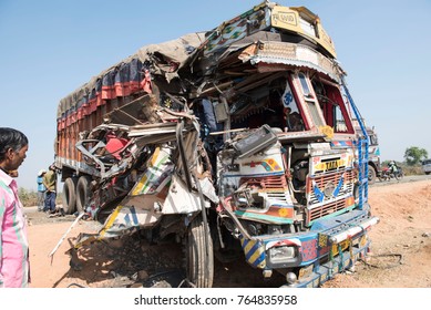 Katni / India 24 November 2017 The Truck Lies In A Ditch After The Road Accident At Katni  Madhya Pradesh India