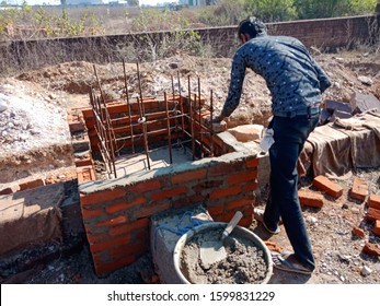 Katni, INDIA - December 2019: Indian Village Labour Making Piller For House Construction 