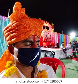 Katni, Madhya Pradesh, India - May 23, 2020: An Asian Male Wearing Face Mask For Coronavirus Protection During Indian Wedding Ceremony. 