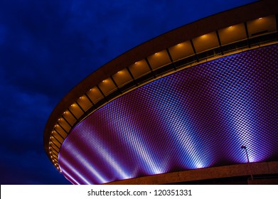 KATOWICE, POLAND - AUGUST 12: Night view of the futuristic sports hall on August 12, 2012. Built in the shape of a flying saucer in the early seventies of the 20th century.