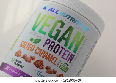 Katowice, Poland - February 1, 2021: Closeup Of All Nutrition Vegan Protein Powder.