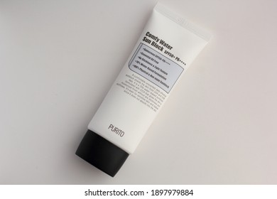 Katowice, Poland - January 18, 2021: Closeup Of Purito Comfy Water Sun Block SPF 50+.