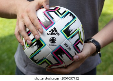 Katowice, Poland – July 11, 2021: Man Is Holding Adidas Uniforia Official Euro 2020 Ball.