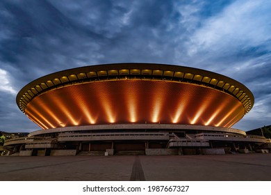 Katowice, Poland, June 2021: Sports arena called Spodek (flying saucer) illuminated by night lights,  famous landmark of Katowice city, Upper Silesia