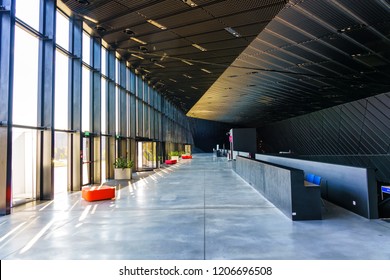 KATOWICE, POLAND - OCT 11, 2018: Interior Of The International Conference Centre Building. In December 2018 It Will Hold ONZ United Nations Framework Convention On Climate Change - COP24.