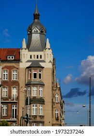 Katowice, Poland: September 2 2020: Old architecture of Katowice, close up to detail, windows, balconies