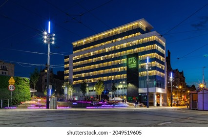 Katowice, Poland - September, 2021: A picture of the Katowice City Hall - Residents Service Office, at night.