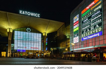 Katowice, Poland - September, 2021: A picture of the Wilhelma Szewczyka Square next to the Katowice train station and the Galeria Katowicka shopping mall.