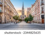 Katowice, Poland - view of Mariacka pedestrian street and Virgin Mary church on sunrise