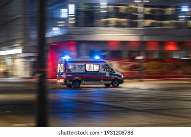 Katowice, Polska -  02.24.2021: Emergency car in Katowice street.
