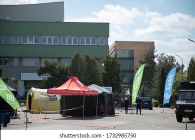 KATOWICE, SLASKIE/POLAND-05.16.2020 :Medical Tents Set Up In Front Of A Coal Mine Katowice Staszic To Test Workers. The Coronavirus Pandemic Has Brought Poland’s Ailing Coal Mining Sector To Its Knees