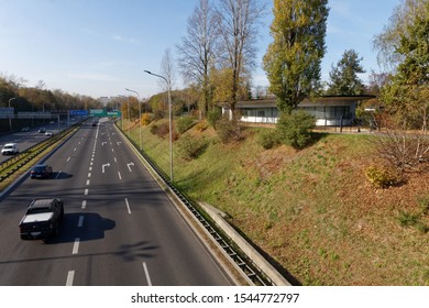 Katowice, Slaskie/Poland-24/10/2019; A Fragment Of A4 West-East Motorway Cutting Through The City.Pre-war Horse Races Building On The High Slope On The Right.