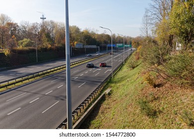 Katowice, Slaskie/Poland-24/10/2019; A Fragment Of A4 West-East Motorway Cutting Through The City.Pre-war Horse Races Building On The High Slope On The Right.