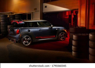 Katowice/Poland - 07.26.2020: MINI Cooper GP in a special Racing Grey colour entering the service. 1 of 3000 copies worldwide. Engine power is 306 hp, lowered suspension and extended track width.