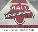 Katy Trail State Park sign on the street crossing in Boonville, Missouri. Katy trail is the nation