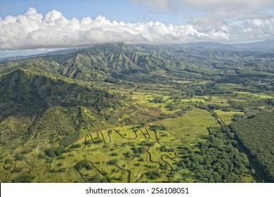 Kauai Hawaii Island Mountains And Canyon Aerial View From Helicopter