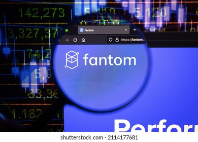 KAUFBEUREN, GERMANY - JANUARY 22, 2022. Fantom Crypto Company Logo On A Website, Seen On A Computer Screen Through A Magnifying Glass.