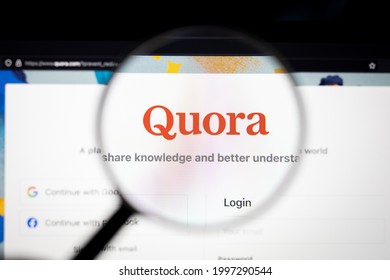 KAUFBEUREN, GERMANY - June 20, 2021: Quora company logo on a website, seen on a computer screen through a magnifying glass.