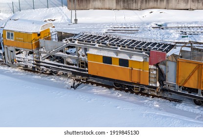 Kaunas, Lithuania - 2021 February 18: Yellow Snow Plow Train SM 2, Standing In Train Station. 