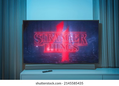 Kaunas, Lithuania - 2022 March 28:  Stranger Things Season 4 TV Series On Big Tv Screen. Stranger Things Television Show At Home