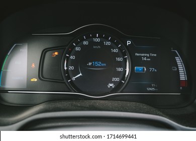 KAUNAS, LITHUANIA - APRIL 25, 2020: Hyundai Ioniq Electric Vehicle Interior. Closeup View Of Dashboard.